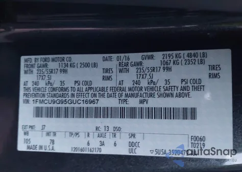 2016 Ford Escape Se из США, поврежденный, VIN 1FMCU9G95GUC16967